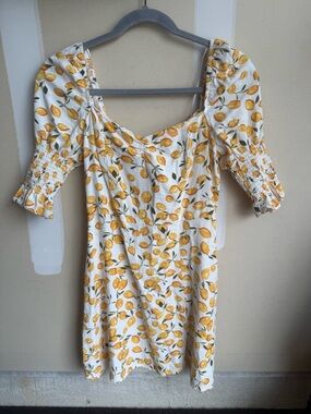 miami White Lemon-Print Puff Sleeve Mini Dress